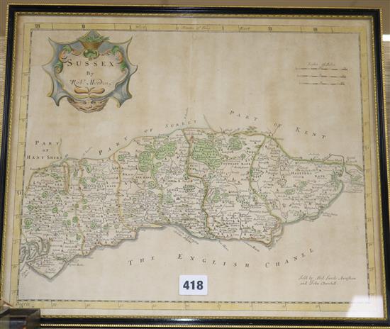 Robert Morden, coloured engraving, Map of Sussex, 35 x 42cm and two other Sussex maps, one by Moll